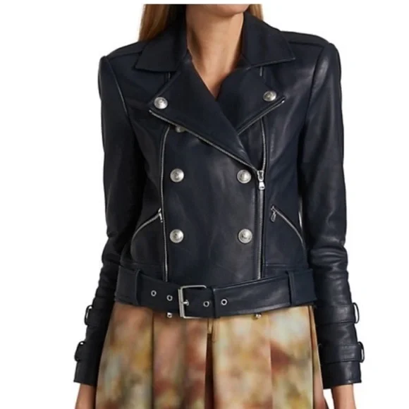 L'AGENCE Billie Belted Leather Jacket  /Coat Midnight Navy XS - Picture 5 of 14